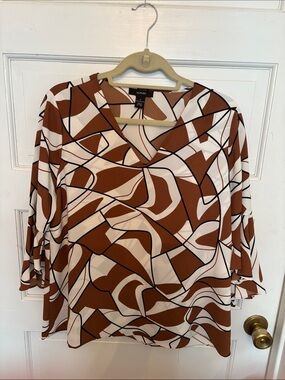 Alfani Brown and Cream Abstract V-Neck Tunic Top